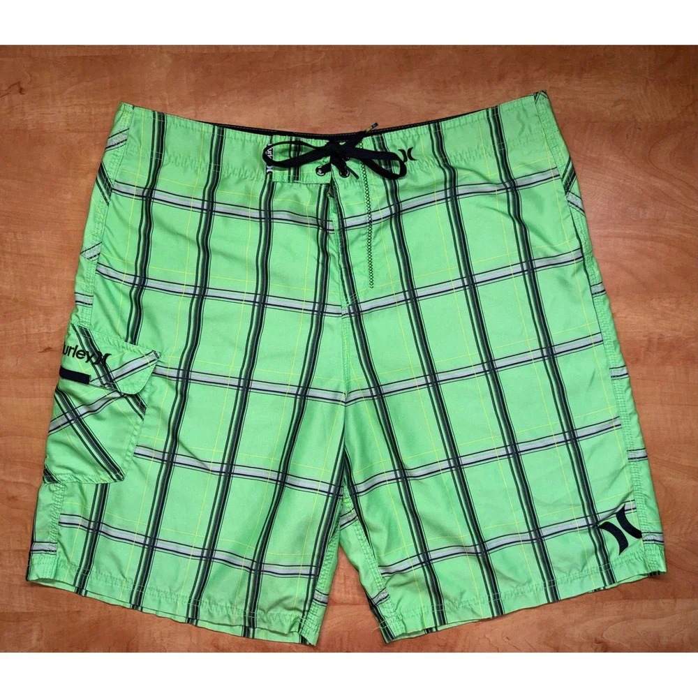 Hurley Mens Board Shorts Lime Green Plaid Swim Trunks Cargo Pocket Size 36